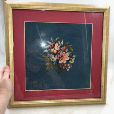 VTG Framed Floral Needlepoint Gold Frame Burgundy Matting Blue Backing 17x17"
