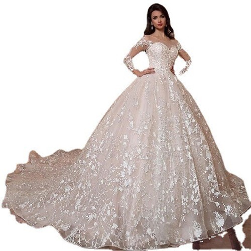 Long Sleeve Wedding Dresses Boat neck ball gown Lace Appliques Tulle Bride Gown - Picture 5 of 6