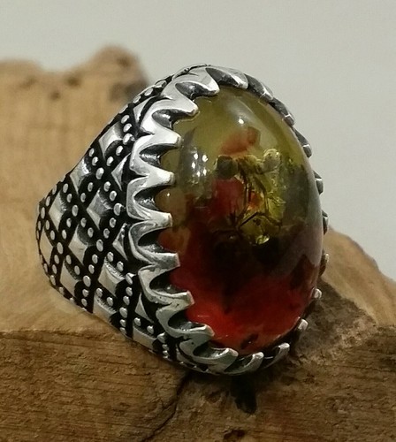 ANELLO ARGENTO 925 UOMO solitario ambra baltica pirata cesellato insetti interno - Foto 5 di 6