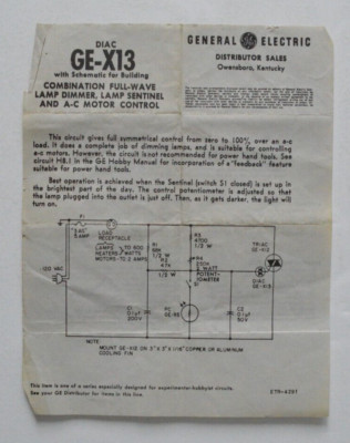 GENERAL ELECTRIC GE-X13 Diac Lamp Dimmer dealer sheet brochure