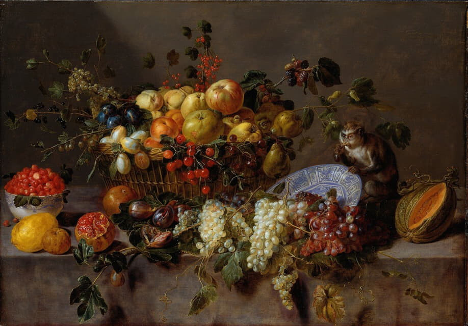 oil painting on canvas-Still Life with Fruit and a Monkey eating Grapes