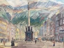 Very Nice Drawing Watercolour 1945 Gouache Place to Identify Innsbruck Austria