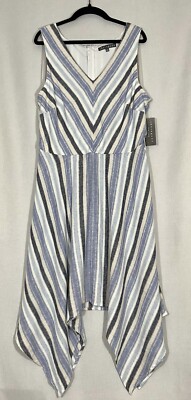 Sharagano NWT Ivory Blue Stripe Coastal Cowgirl Linen Dress SIZE 10 No Belt