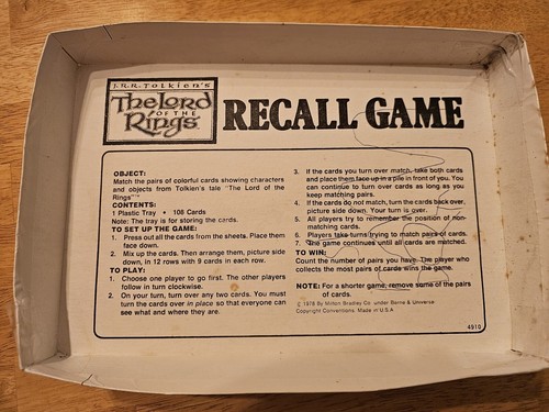 The Lord Of The Rings Game Milton Bradley 1978 Memory Match Game - Recall - Picture 7 of 7
