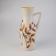 Vintage Scheurich Henkelvase, Außen Cremefarben, Innen Gelb, Blattmuster