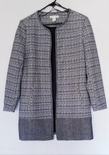 H M Womens Black White Long Blazer SIZE 12 Open Front Jacket Tweed Pattern