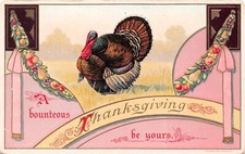 Antique Thanksgiving Card Turkey Pink Ribbon Junk Journal Vtg Postcard D20