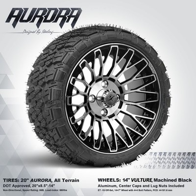 GOLF CART 14'' MACHINED 'VULTURE' WHEELS/RIMS and 20'' 'AURORA' DOT A/T TIRES