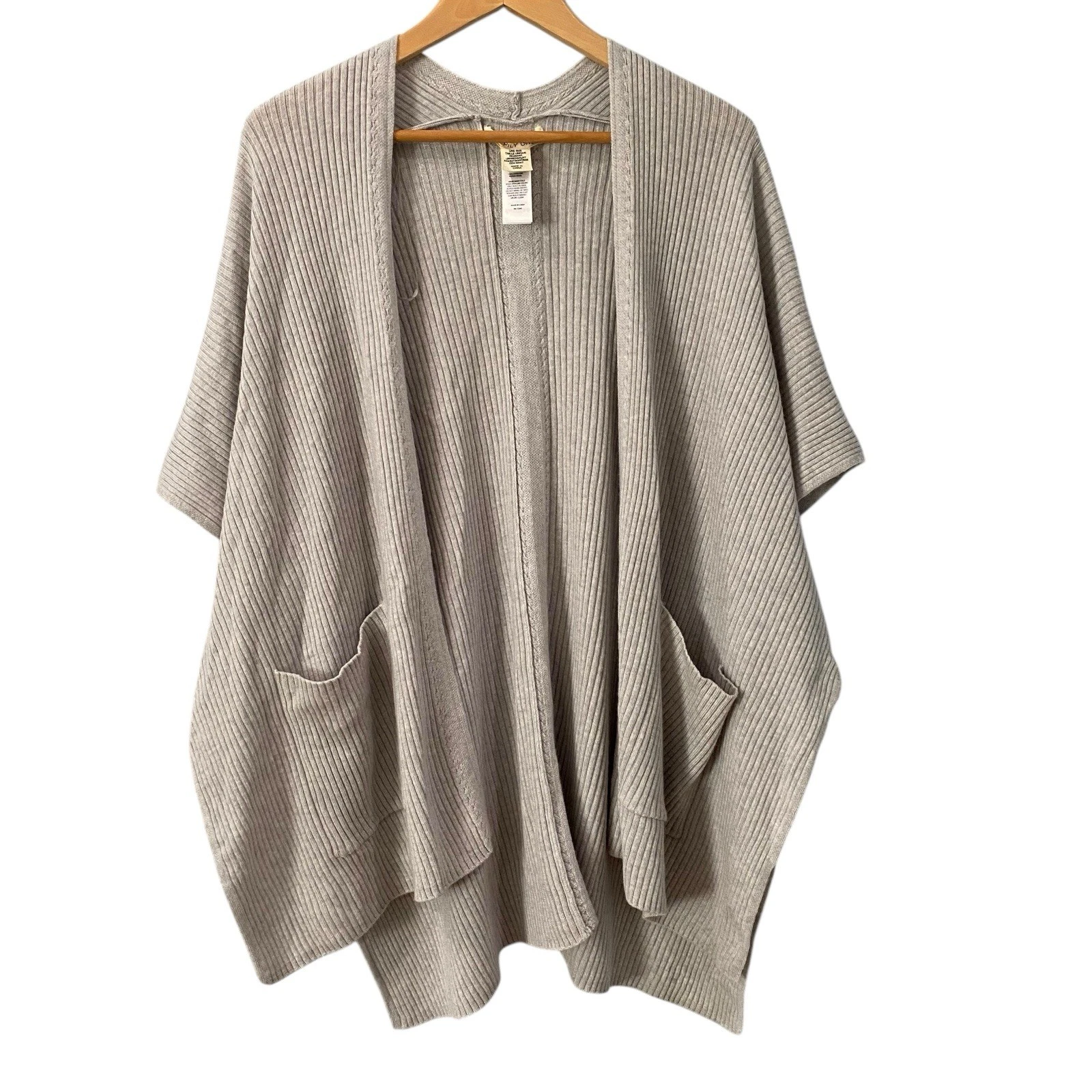 Happily Grey Chic Ribbed Extra Fine Merino Wool Poncho Sweater Cardigan O/S