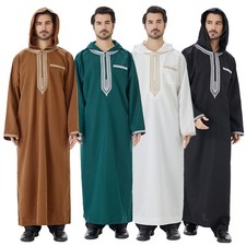 Arab Men Hooded Robe Muslim Dress Jubba Thobe Islamic Kaftan Abaya Saudi Abaya
