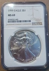 1999 American Silver Eagle NGC MS69 Brown Label PQ