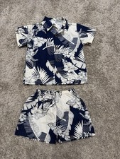 Boys Size 6 Aloha Tropical Shirt Shorts Set Hawaii Luau Cotton Blue Hibiscus