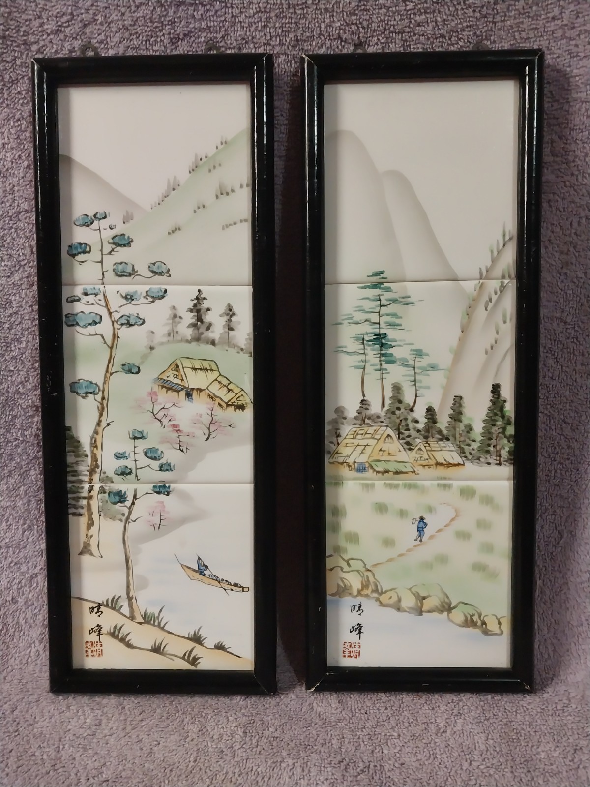 Pair Handmade Japanese Hand Painted Village Scene Framed Art Landscape Artwork