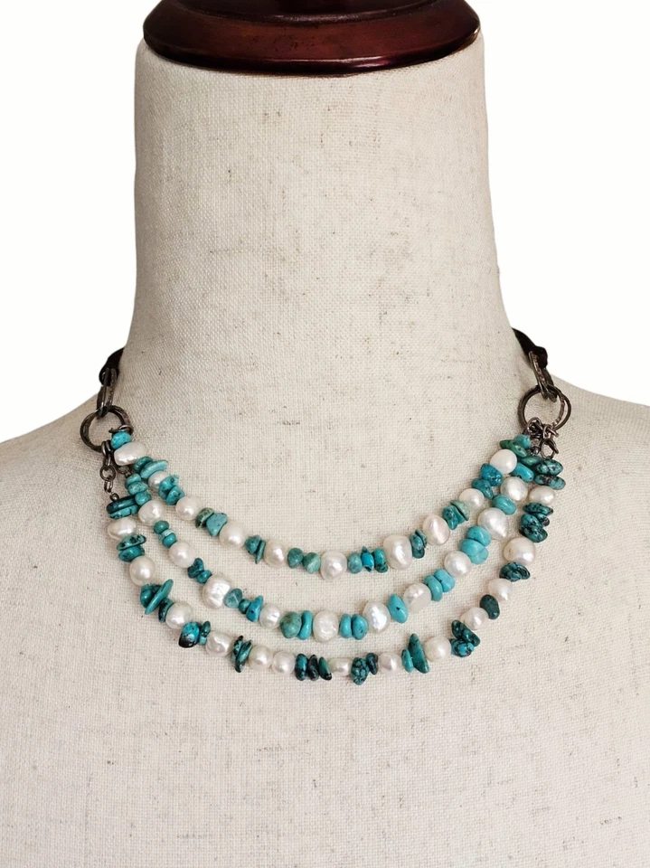 Collar Multihilo Vintage Tica Rosa Plata Esterlina Turquesa Perla Cuentas Foto 2 de 4