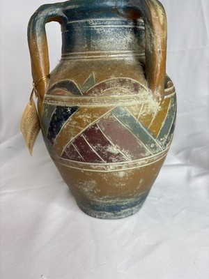 River Junction Pottery Hand Painted Stoneware Vase Multicolor Geometric Handle