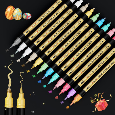 Dual Tip Metallic Markers Set, 12 Waterproof Acrylic Pens for Crafts