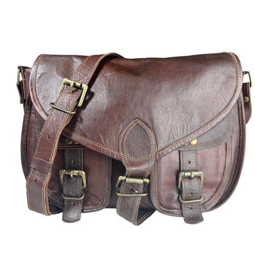 Vintage Brown Leather Messenger Bag Distressed Crossbody Satchel Buckle Purse - Image 1