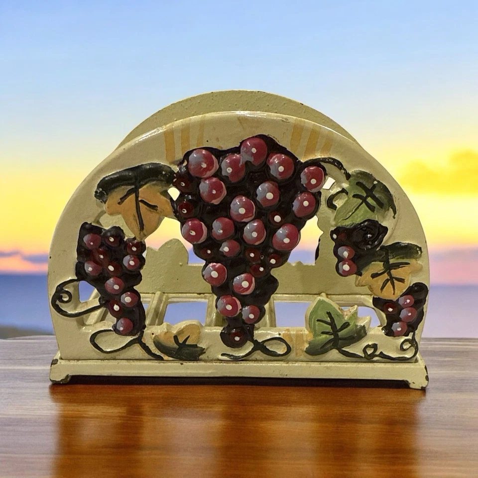 Cast Iron Trivet Round Pot Grapevine Grapes Hand Painted + Napkin Holder Setof 2 - Image 3 of 4