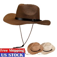 Men Women's Straw Western Cowboy Hat Summer Beach Panama Fedora Sun Wide Brim