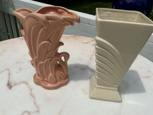 McCoy Vase Pottery Lot 1 Swan Peach & 1 Art Deco Cream Great Condition