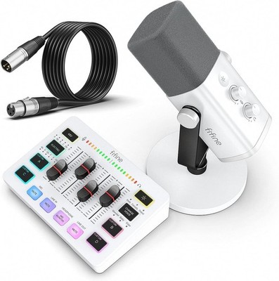 FIFINE KS5W White Bundle - AM8 Dynamic XLR/USB Mic + SC3 Audio Mixer - OPEN BOX