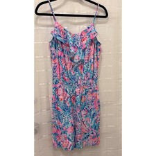 Lilly Pulitzer Pink Blue Floral Ruffle V-Neck Romper Small Tropical Summer