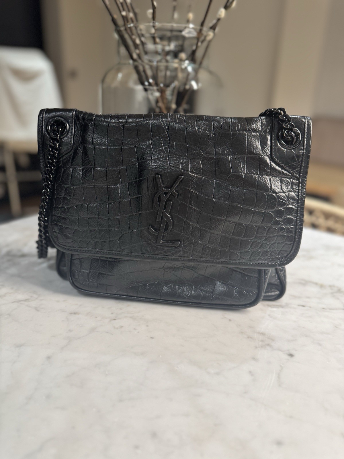 Saint Laurent Niki medium croc-embossed leather shoulder bag