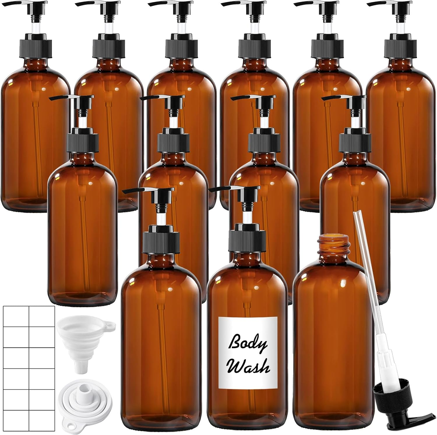 12 Pack Amber Glass Bottles 16Oz with Pump Dispensers, Refillable Empty Pump Bot