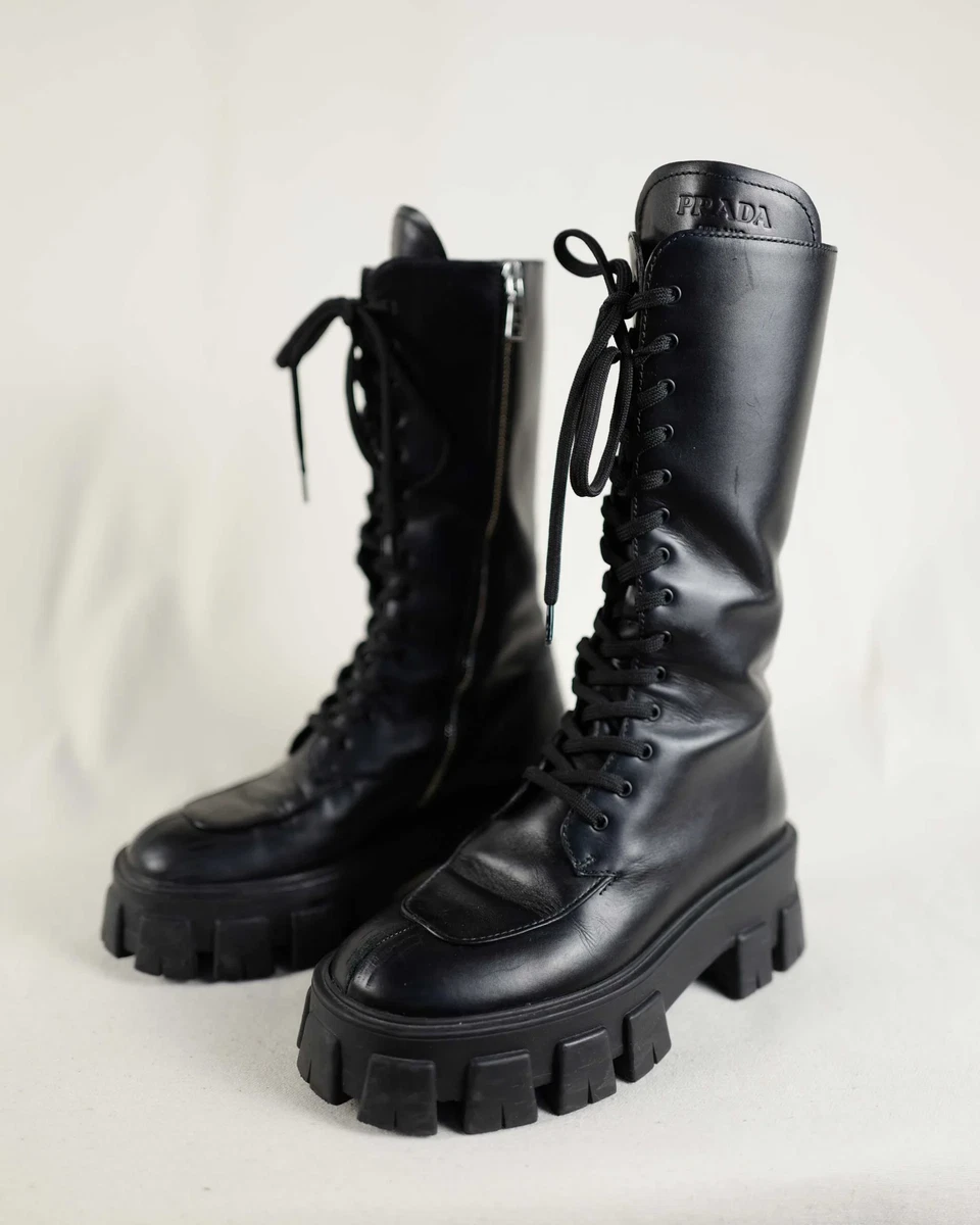【PRADA】Lace-Up Platform Combat Boots UK8 Prada Black Lace-Up Combat Boots - Ann's Fabulous Closeouts