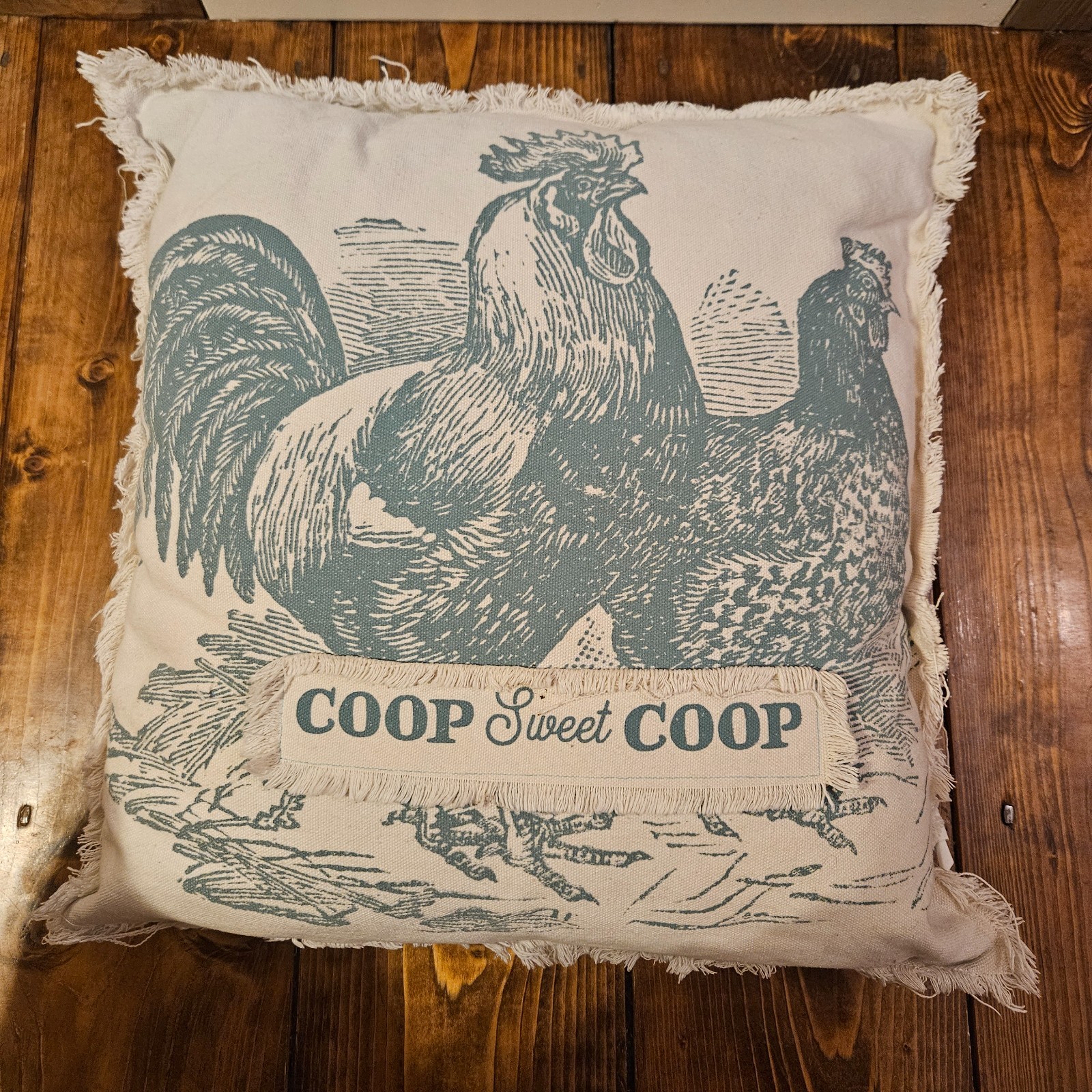 Farmhouse Rooster Throw Pillow “Coop Sweet Coop” Fringed Rustic Decor 16x16