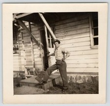 Photo A US Army Military Man Posed by Barracks 1940s Black And White