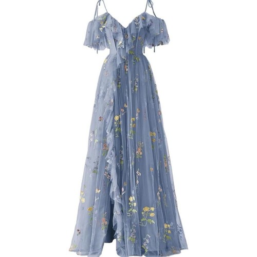 Women’s off the shoulder floral gown with slit and shoulder ties - Picture 2 of 6