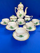 HEREND PORCELAIN HANDPAINTED CHINESE BOUQUET GREEN TEA SET FOR 6 PERSONS