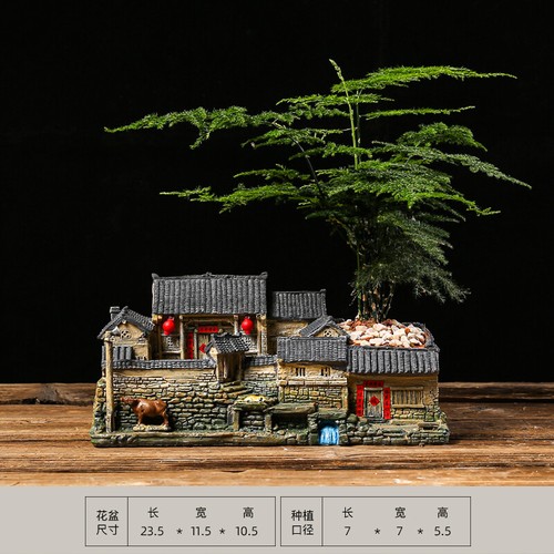 Chinese Style Succulent Plants Planter Landscape Resin Flower Pot House Bonsai - Picture 5 of 13