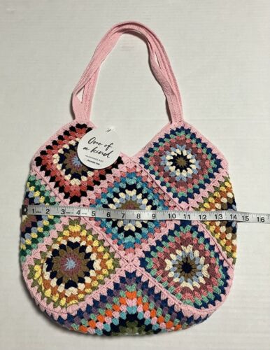 Womens Street Level Boho Crocheted Lined Handbag Granny Square Tote Multi NWT - Picture 12 of 14
