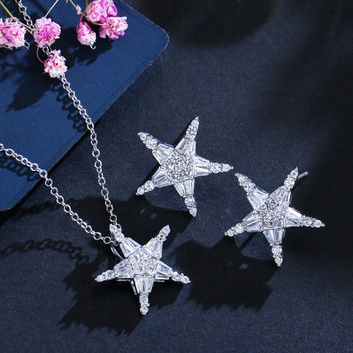 Women Shiny Cubic Zirconia Star Earrings and Necklace Silver Plated Jewelry Set - Picture 6 of 10
