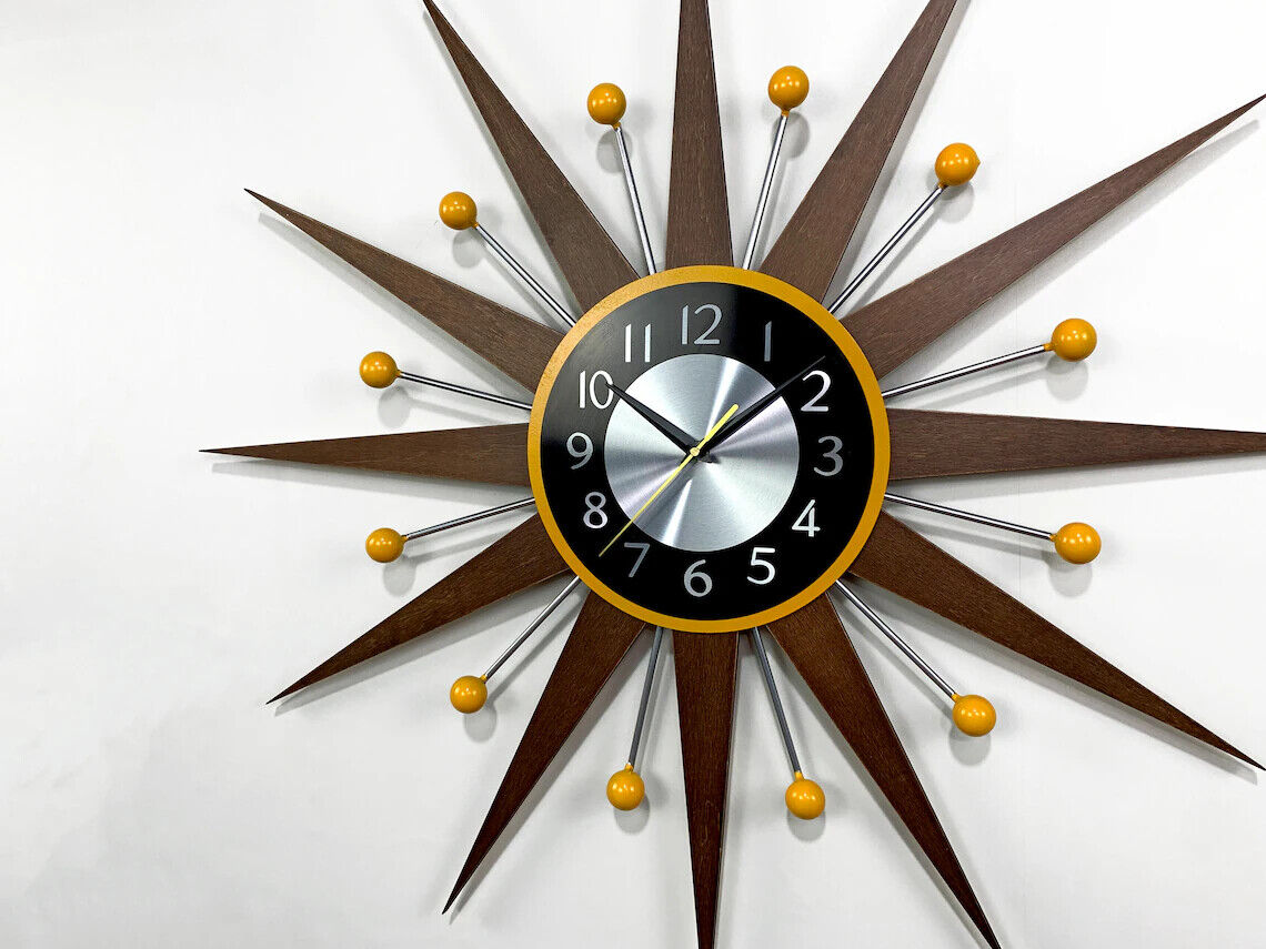 Yellow and Silver Handmade Sunburst Wall Clock 30 Yellow and Silver Handmade Sunburst Wall Clock 30