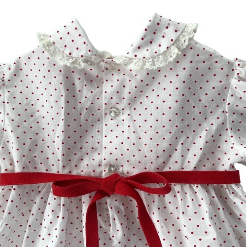 Vintage Polly Flinders 3T Hand Smocked Dress Long Sleeve W/Belt White W/Red Dots - Picture 7 of 13