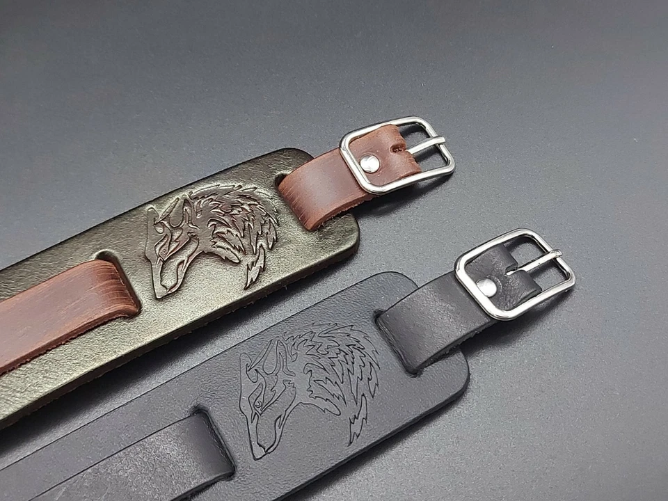 Armband Lederarmband Wolf Breit Schmuck Echtleder Wikinger Viking Mittelalter - Bild 3 von 4