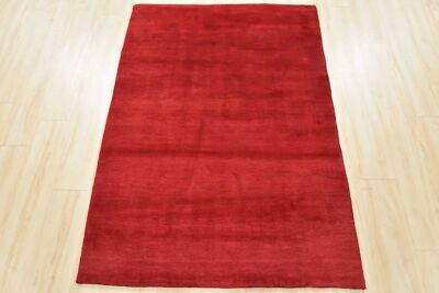 Solid Red Rug 4  x 5 8  Wool Contemporary Hand-Knotted Area Carpet