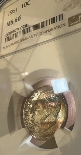 1961-Roosevelt Silver Dime-MS 66 NGC-Monster Striped Rainbow Toning!~LQQK!!~