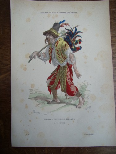COSTUME DE PARIS gravure coloriée. Soldat aventurier pillard ( XVe siècle ) - Imagen 2 de 2