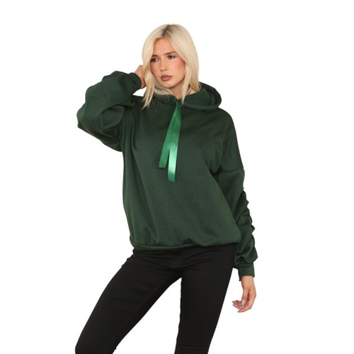 Women Ladie Ruched Gathered Balloon Sleeve Oversize Hooded Sweatshirt Ribbon Top - Picture 4 of 20