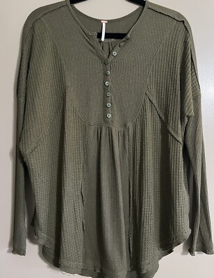 Free People XS Knit Top Long Sleeve Brown Buttons Viscose Fall Flowy Comfy