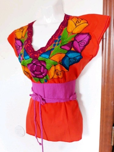 COLOR MEXICAN Embroidered BLOUSE Floral PUEBLO Women Oaxaca Top PEASANT Sz M/L - Picture 6 of 9