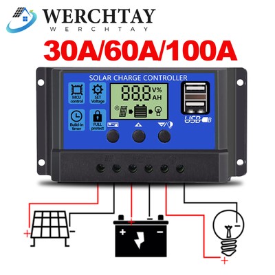 30A/60A/100A Solar Panel Battery Charge Controller Dual USB 12V/24V LCD Auto