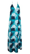 Ann Taylor LOFT 4 Maxi Dress Swing Turquoise Floral Navy Blue White Halter Long