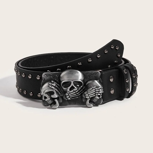 Skull Buckle Belt Black Jeans Unisex Men Waistband - Picture 9 of 10
