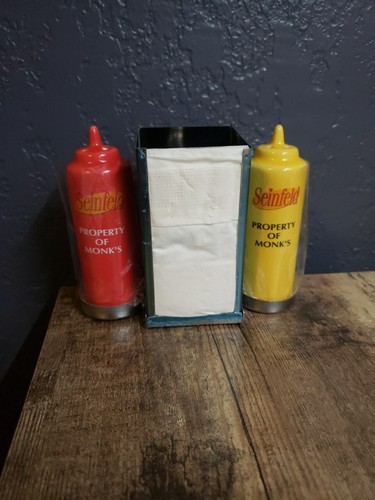 Seinfeld Monk's Diner Ketchup, Mustard Salt & Pepper Shakers & Napkin Holder