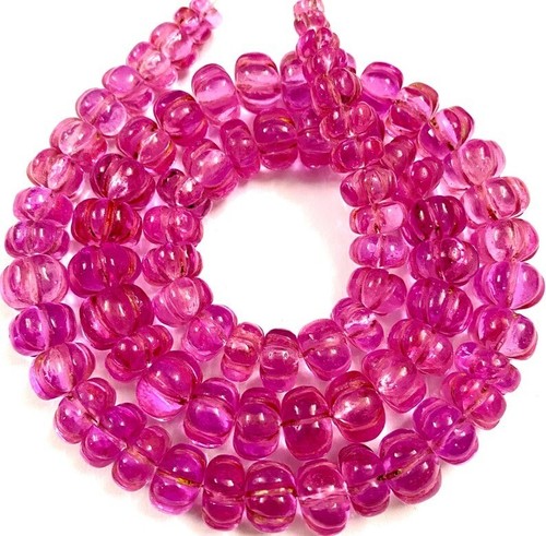 Pink Sapphire Carved Melon Shape Gemstone Beads For Jewelry, Size 6-11mm 16 Inch - Picture 2 of 4